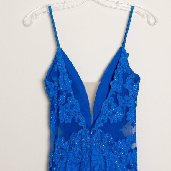 La Femme Prom Maxi Dress 28355 Mermaid Lace Rhinestone Blue - Picture 6 of 15